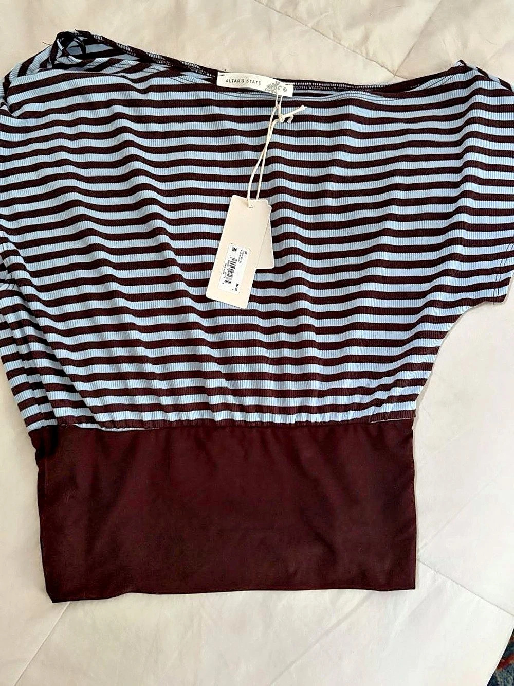 Altar'd State TVDK8725-TOC Striped Short Sleeve Top Brown & Blue Large NWT